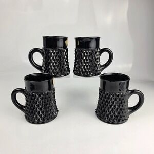 Tiara Exclusive Black Diamond Point Glass Coffee Mugs Set of 4 Cameo Black NOS